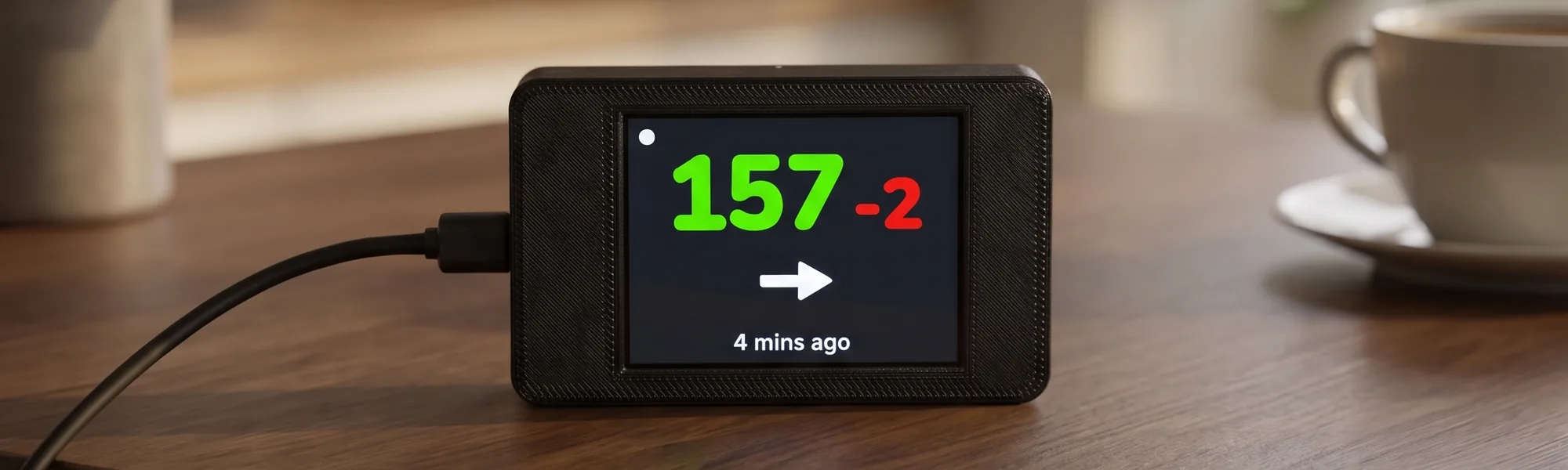 SugrBee on a wooden table next to a coffee cup, showing 157 with a steady trend