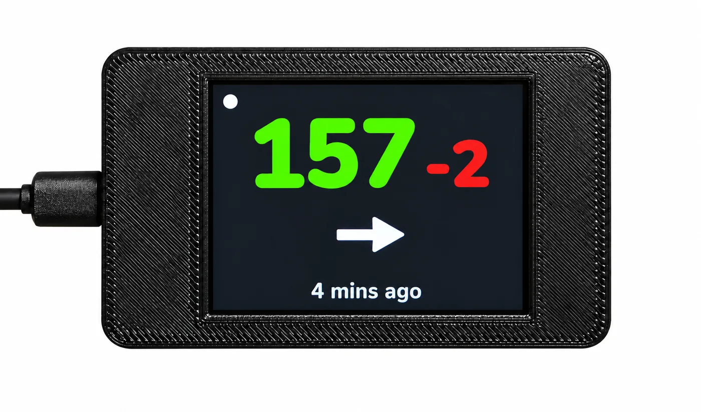 The SugrBee display: a compact black case with a 2.8-inch color screen showing a glucose reading
