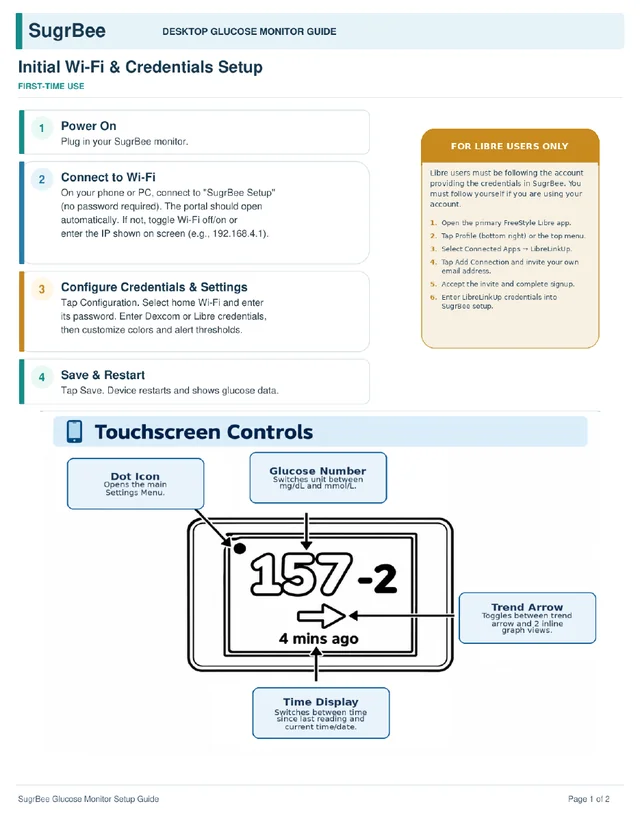 Manual page 1: Wi-Fi setup and touchscreen controls