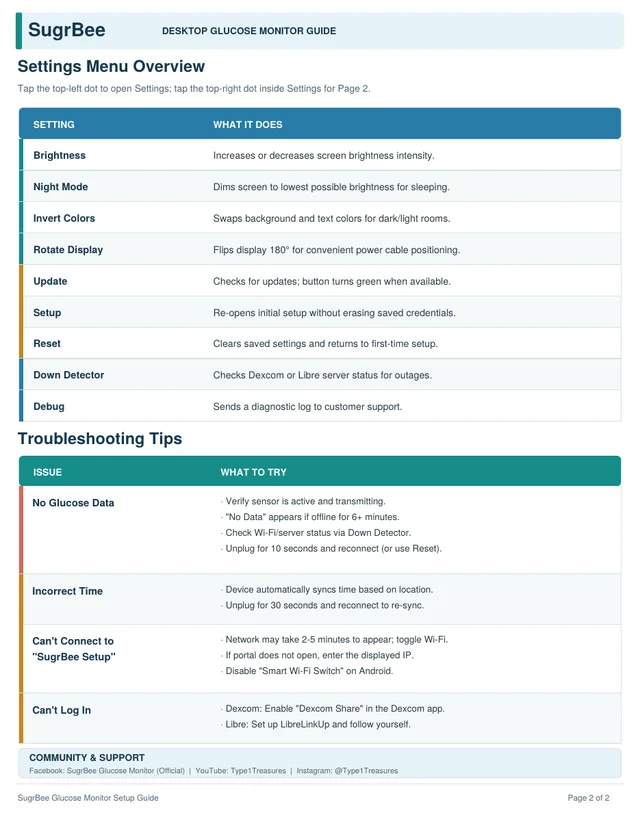Manual page 2: settings menu and troubleshooting