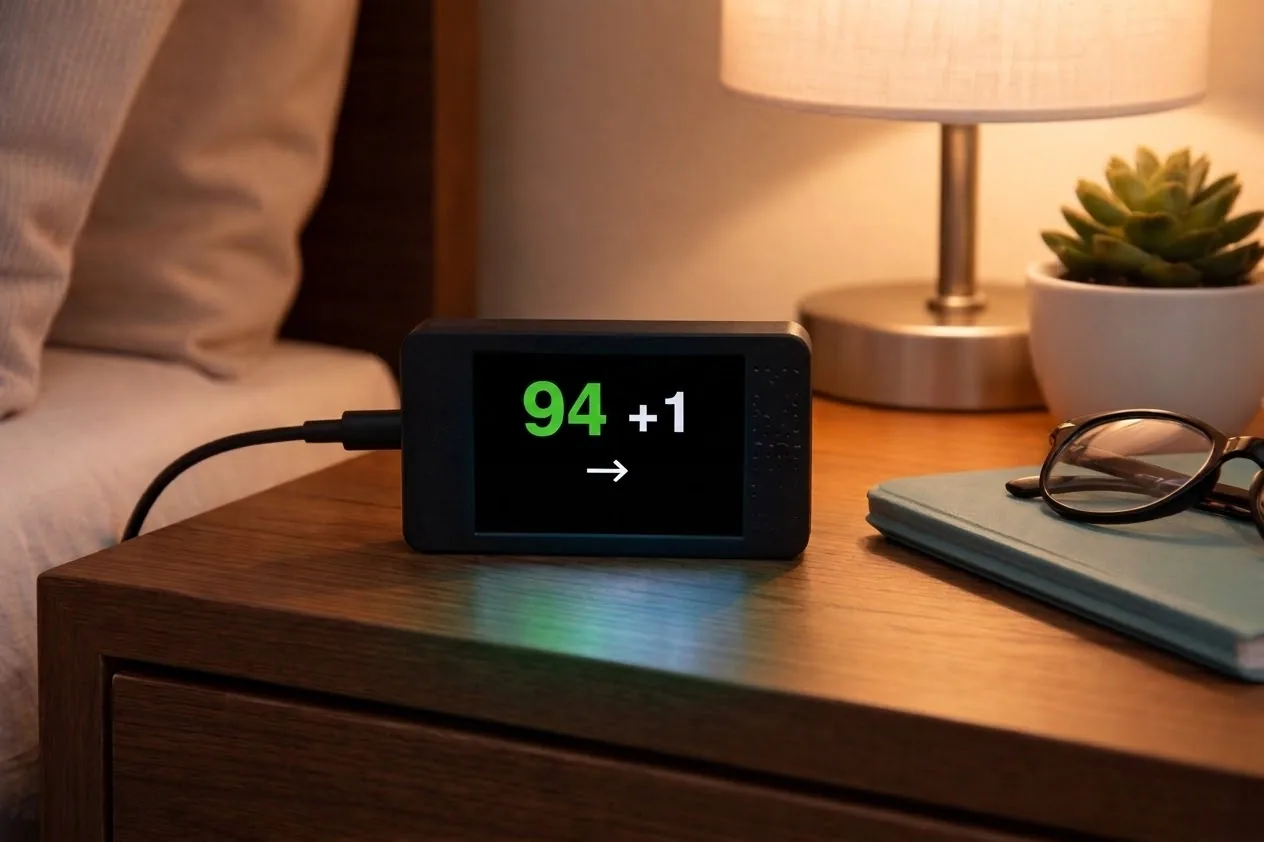 SugrBee on a wooden nightstand beside a lamp and glasses, showing 94 and a flat trend arrow